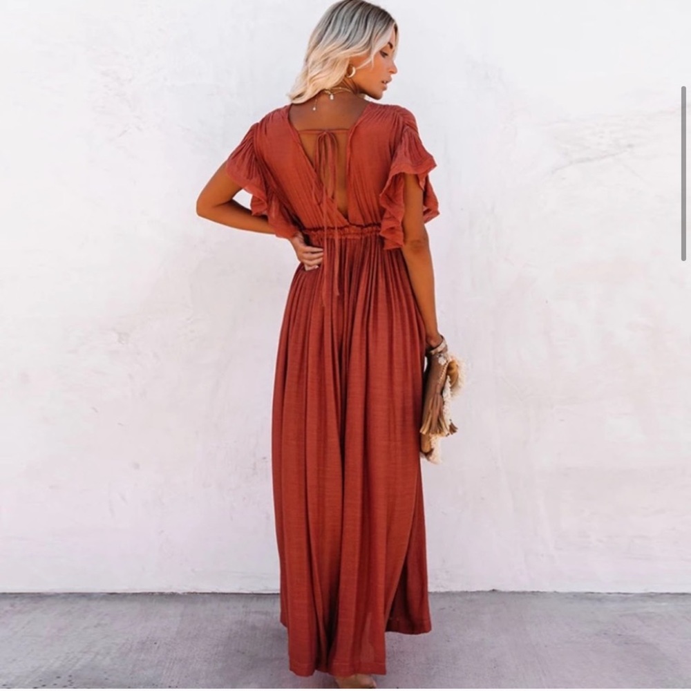 Red Boho Gauze Boho Button Flutter Maxi Dress - Picture 3 of 8